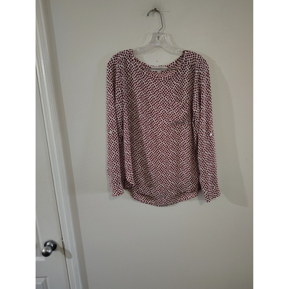 Loft Red White Polka Dot Roll Tab Long Sleeve Blouse Top Small